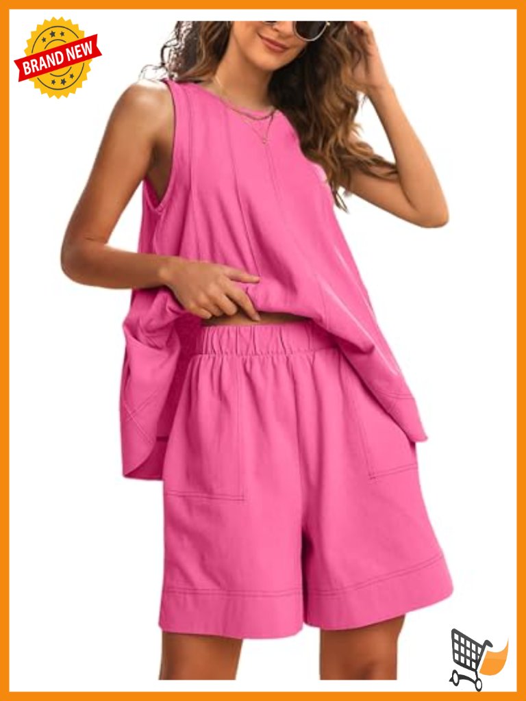 Sleeveless Two Piece Outfit Matching Shorts Set With Pockets